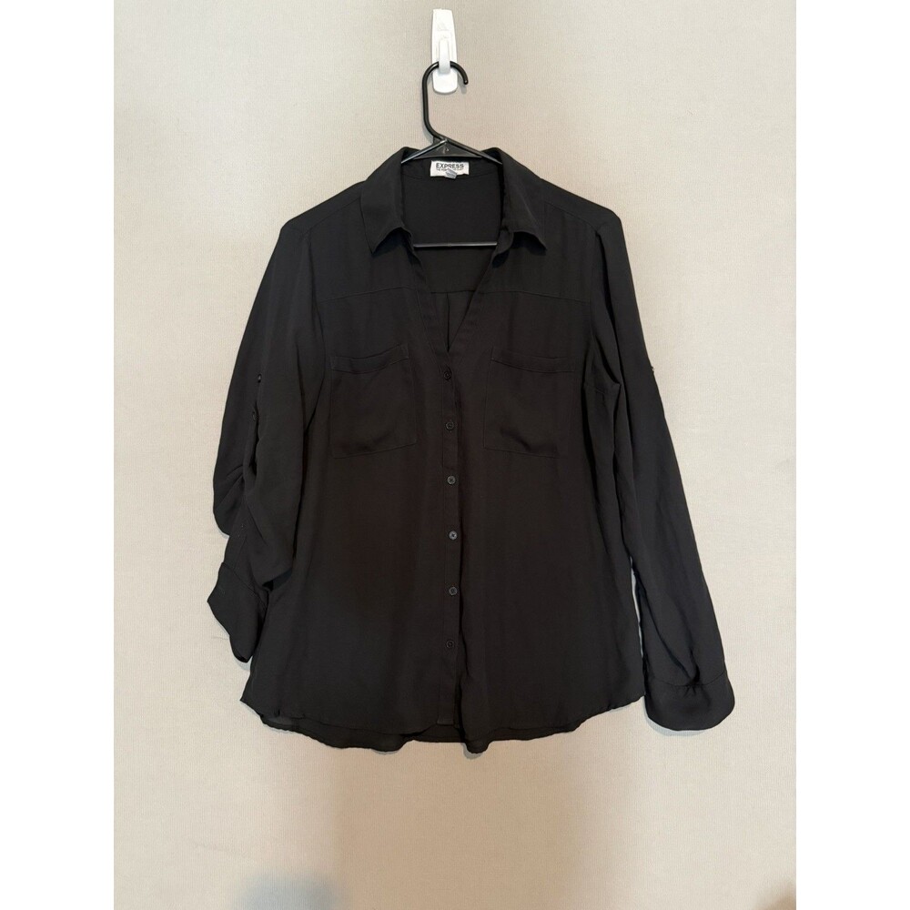 Express The Portofino Shirt Large Black Women Long Roll Up Sleeve Slim business